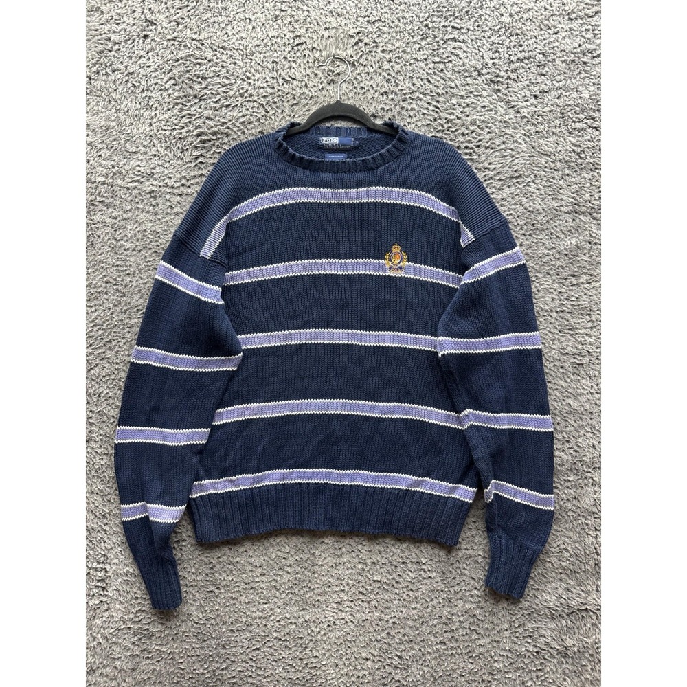 Vintage 90s Polo Ralph‎ Lauren Cookie Crest Striped Sweater Navy Blue Mens XL